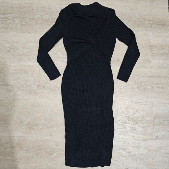 Almost Famous - Dress Bodycon Cutout Turtleneck Midi Knit - Size L - Black - Picture 4 of 6